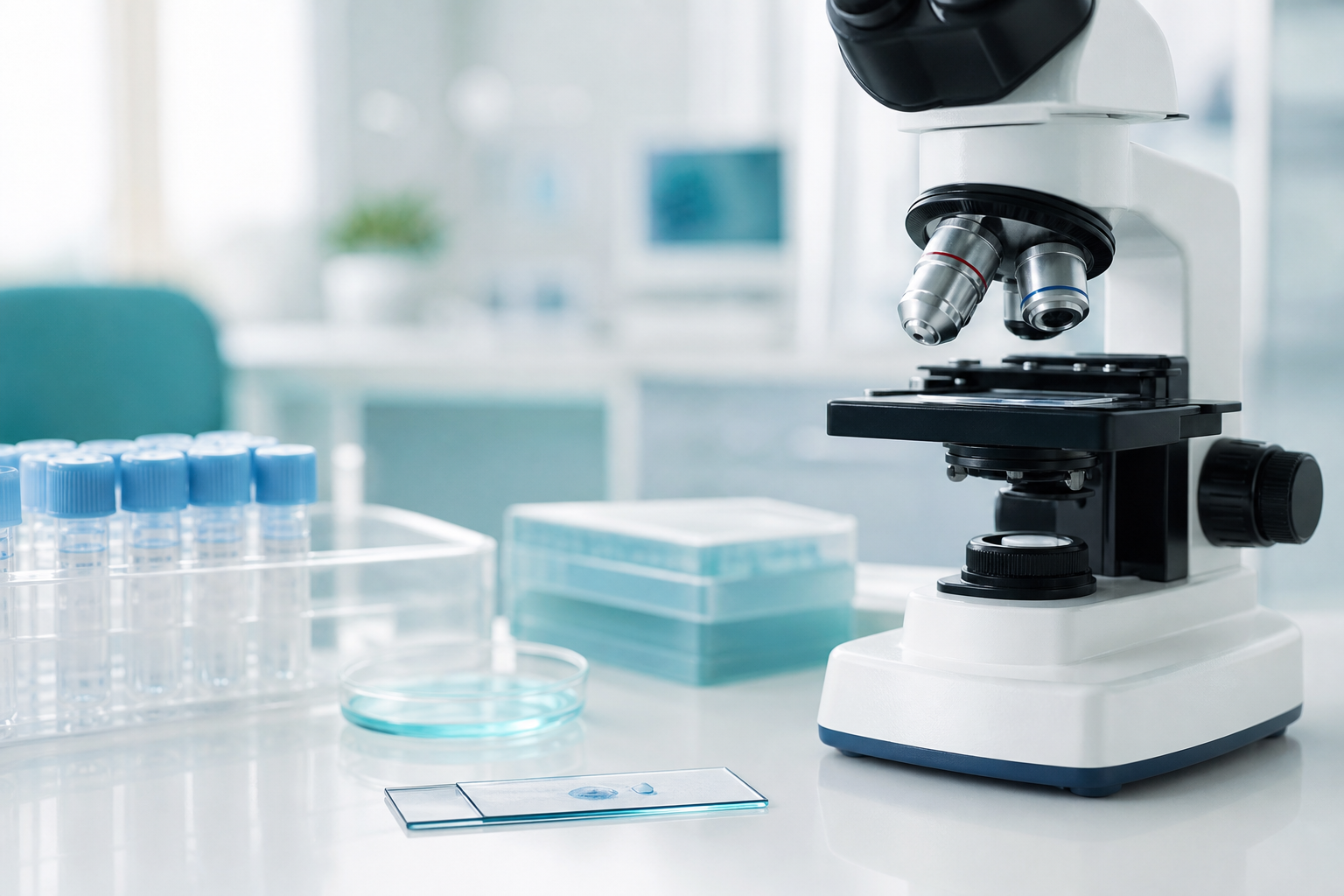 Microscópio e materiais de laboratório representando o rastreamento preventivo