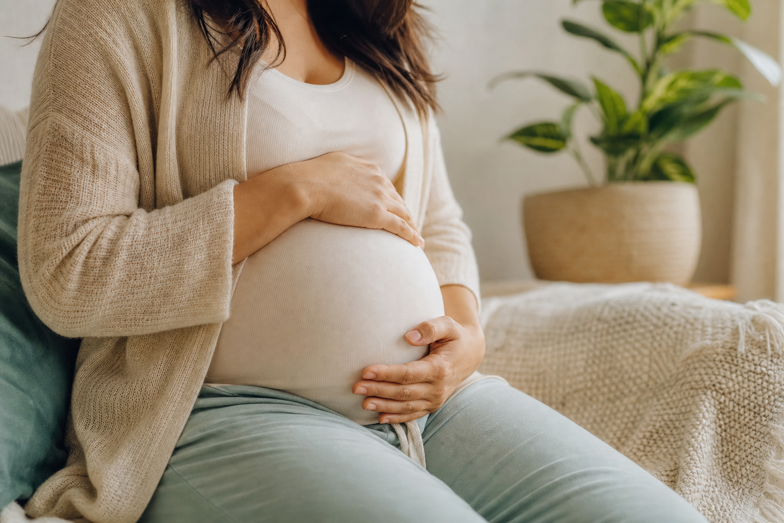 Gestante em ambiente acolhedor representando o acompanhamento pré-natal
