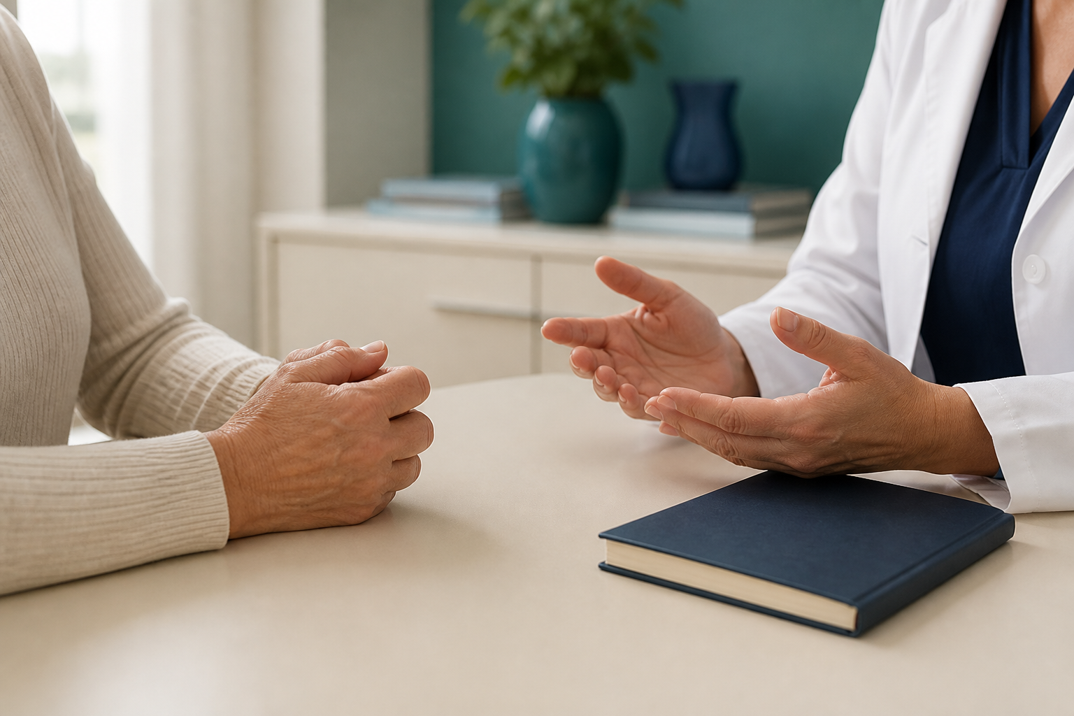 Mulher madura conversando com profissional de saúde sobre sangramento após a menopausa
