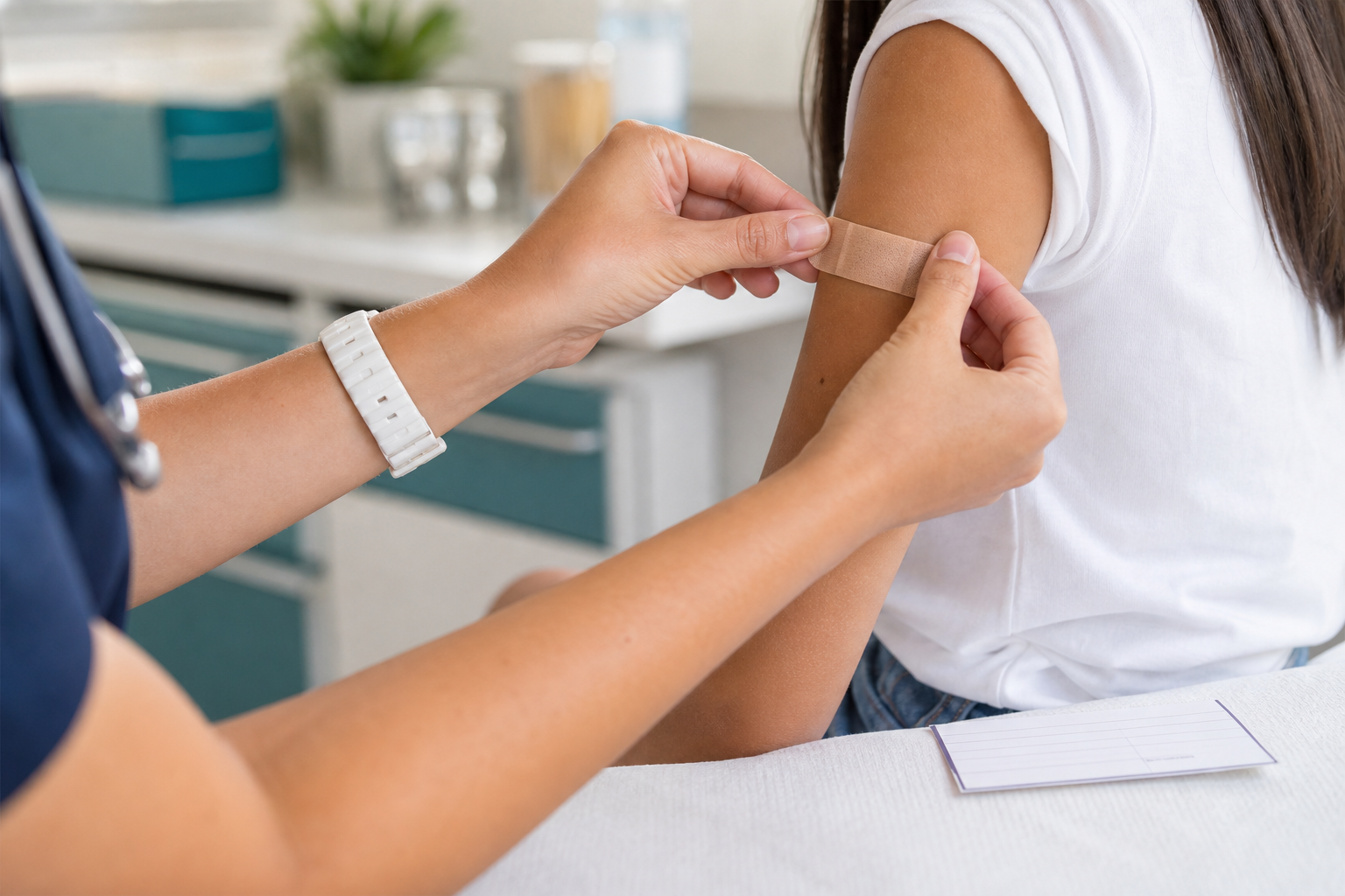Adolescente com cartão de vacinação após receber vacina contra o HPV