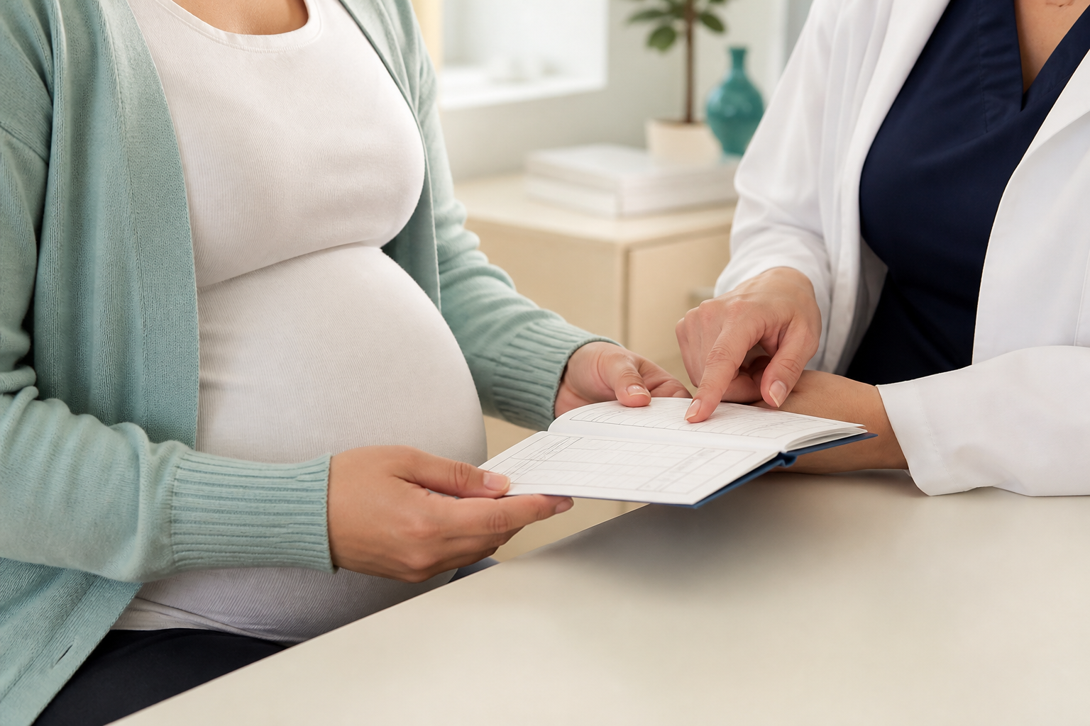 Gestante e profissional de saúde revisando a carteira de vacinação durante o pré-natal